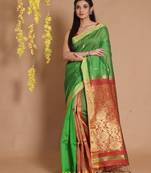 Green Blended Cotton Handwoven Patli Pallu Saree With Paisley Motifs And Zari Pallu