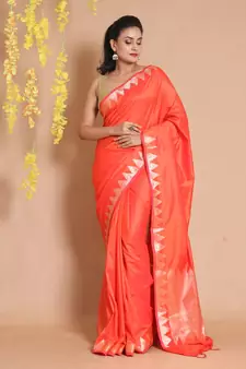 Orange Silk Handwoven Saree With Zari Temple Borders And Chevron Pallu