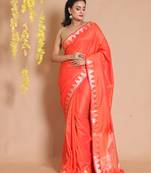 Orange Silk Handwoven Saree With Zari Temple Borders And Chevron Pallu