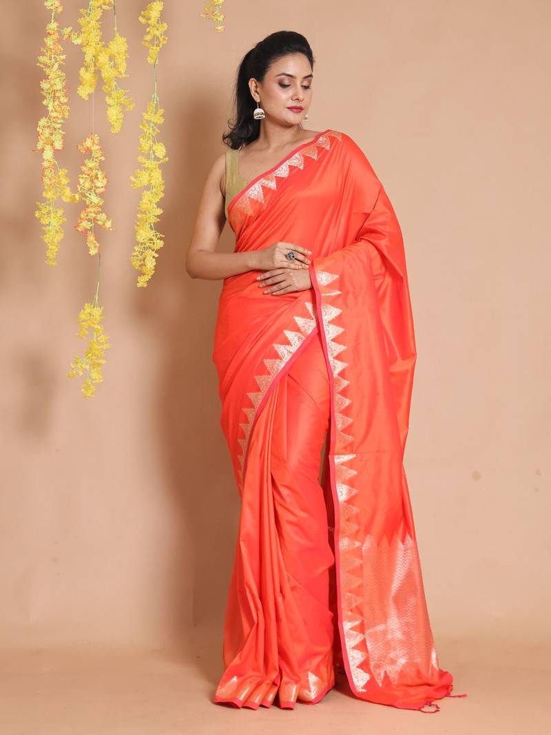 Orange Silk Handwoven Saree With Zari Temple Borders And Chevron Pallu