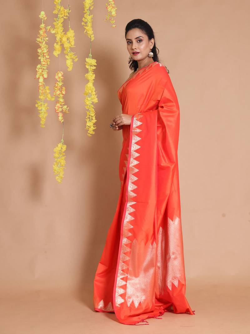 Orange Silk Handwoven Saree With Zari Temple Borders And Chevron Pallu