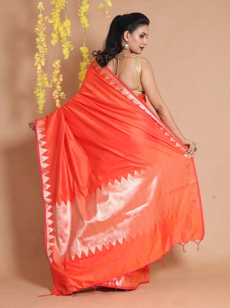 Orange Silk Handwoven Saree With Zari Temple Borders And Chevron Pallu