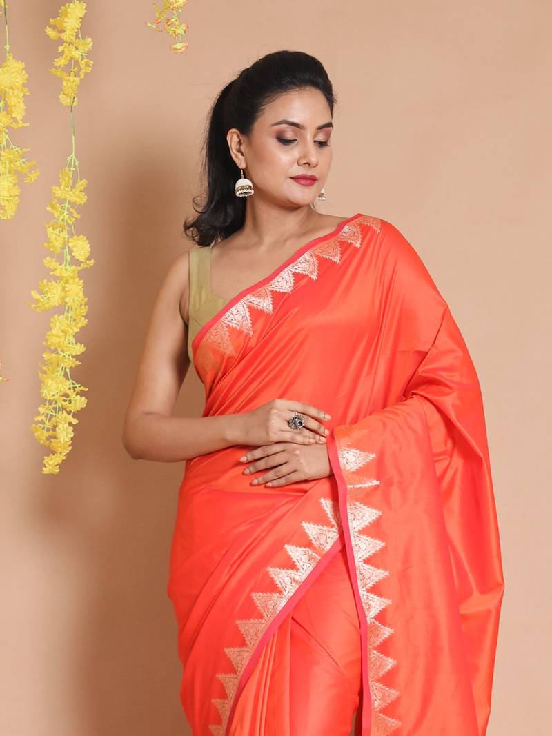 Orange Silk Handwoven Saree With Zari Temple Borders And Chevron Pallu