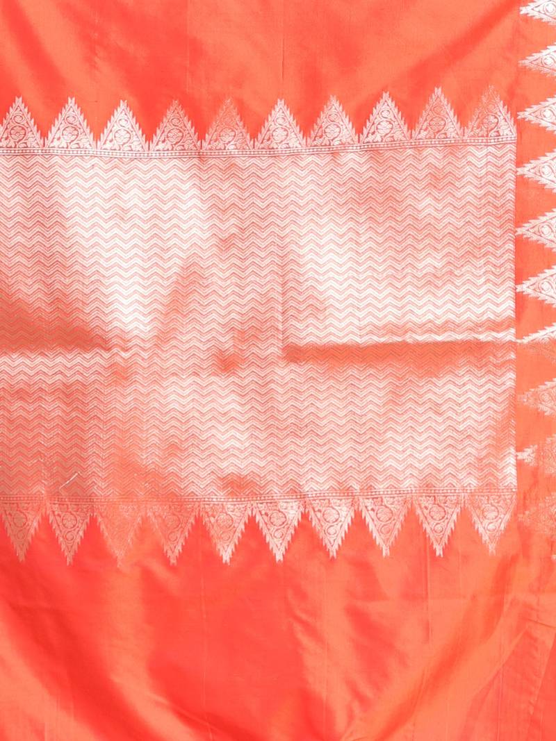 Orange Silk Handwoven Saree With Zari Temple Borders And Chevron Pallu