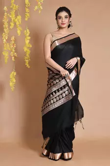Black Silk Handwoven Saree With Temple Borders And Ethnic Patterns