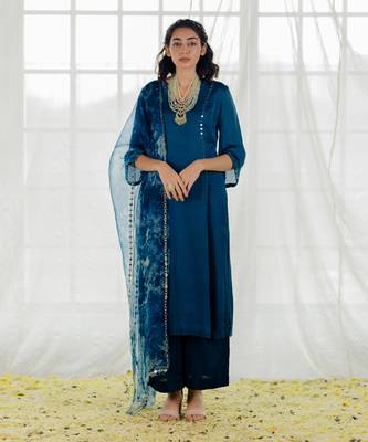 Indigo Satin Georgette Mirror Work Straight Kurta Set 1