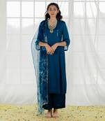 Indigo Satin Georgette Mirror Work Straight Kurta Set