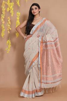 Beige Cotton Handspun Saree With Ethnic Motifs And Woven Pallu