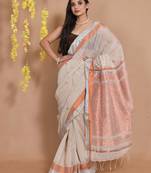 Beige Cotton Handspun Saree With Ethnic Motifs And Woven Pallu
