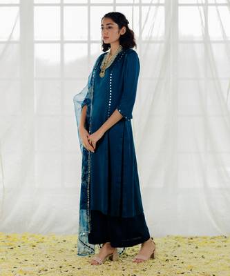 Indigo Satin Georgette Mirror Work Straight Kurta Set 2