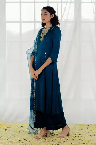 Indigo Satin Georgette Mirror Work Straight Kurta Set