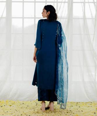 Indigo Satin Georgette Mirror Work Straight Kurta Set 3