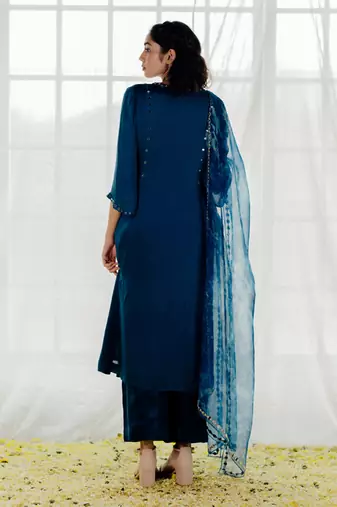 Indigo Satin Georgette Mirror Work Straight Kurta Set