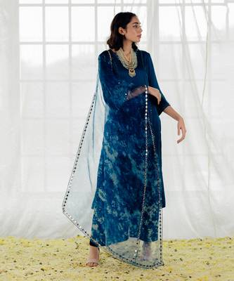 Indigo Satin Georgette Mirror Work Straight Kurta Set 4