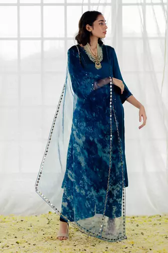 Indigo Satin Georgette Mirror Work Straight Kurta Set