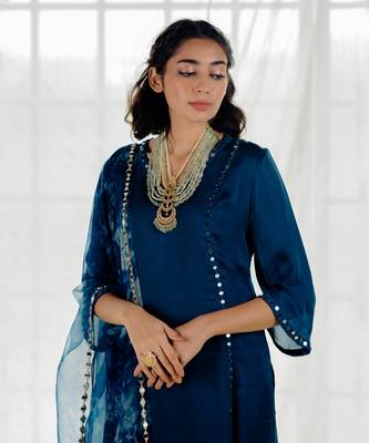 Indigo Satin Georgette Mirror Work Straight Kurta Set 5