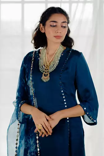 Indigo Satin Georgette Mirror Work Straight Kurta Set