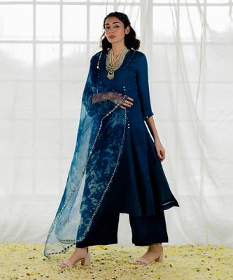 Indigo Satin Georgette Mirror Work Straight Kurta Set 6