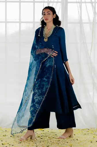 Indigo Satin Georgette Mirror Work Straight Kurta Set