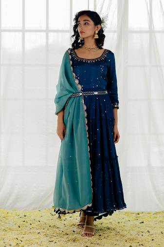 Indigo Chinon Chiffon Mirror Work Tiered Anarkali Set