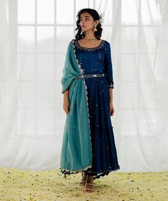 Indigo Chinon Chiffon Mirror Work Tiered Anarkali Set 1