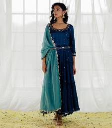 Indigo Chinon Chiffon Mirror Work Tiered Anarkali Set