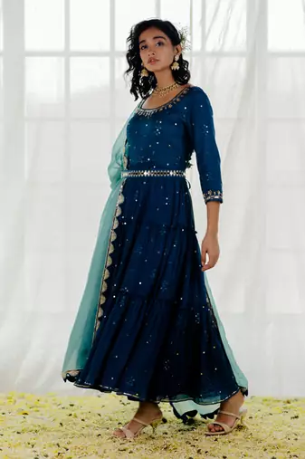 Indigo Chinon Chiffon Mirror Work Tiered Anarkali Set