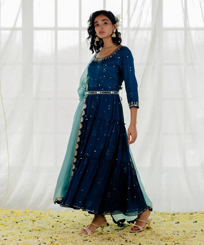 Indigo Chinon Chiffon Mirror Work Tiered Anarkali Set