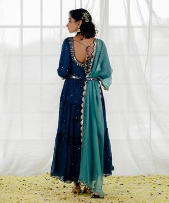 Indigo Chinon Chiffon Mirror Work Tiered Anarkali Set 3