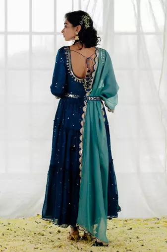 Indigo Chinon Chiffon Mirror Work Tiered Anarkali Set