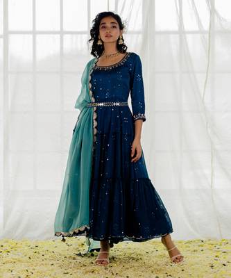 Indigo Chinon Chiffon Mirror Work Tiered Anarkali Set 4