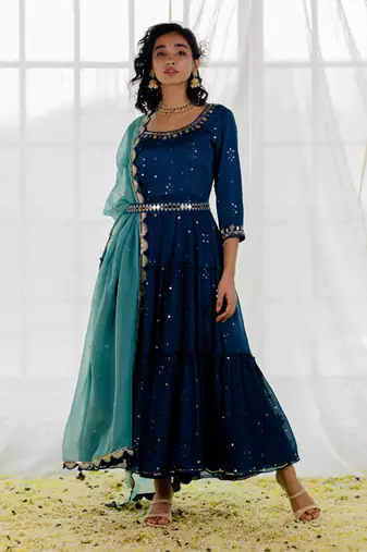 Indigo Chinon Chiffon Mirror Work Tiered Anarkali Set