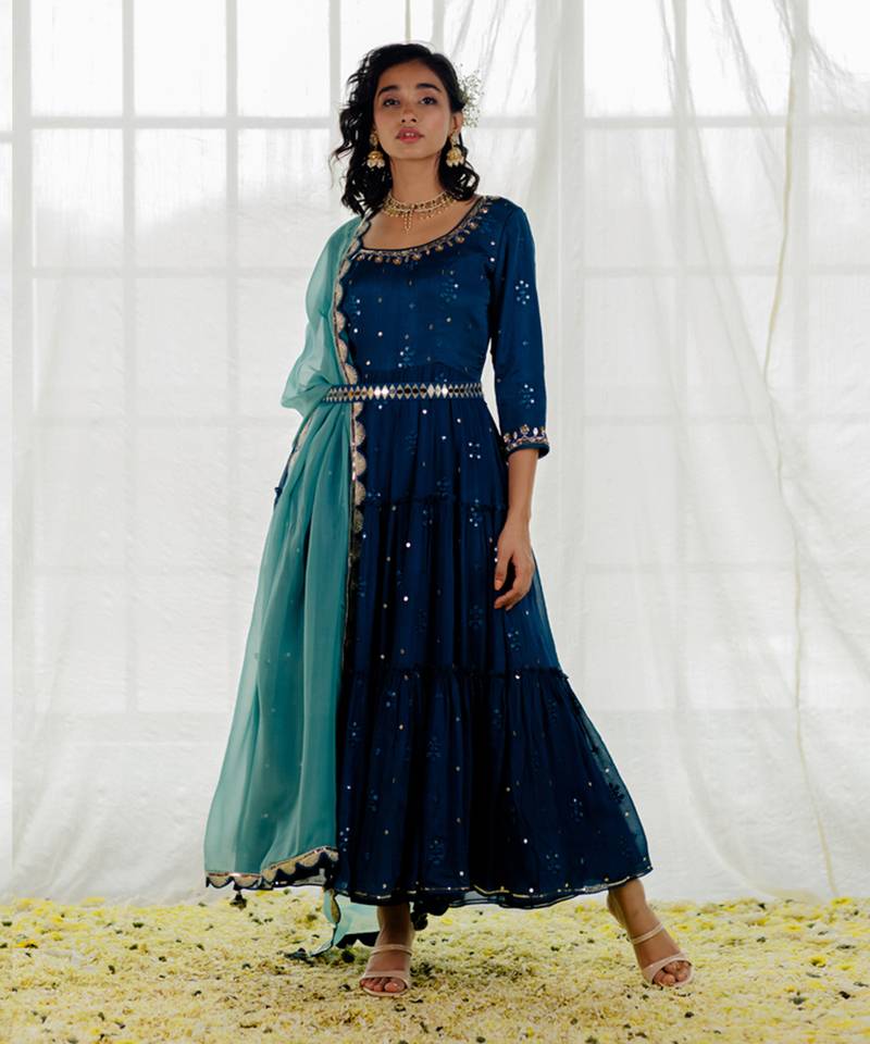 Indigo Chinon Chiffon Mirror Work Tiered Anarkali Set