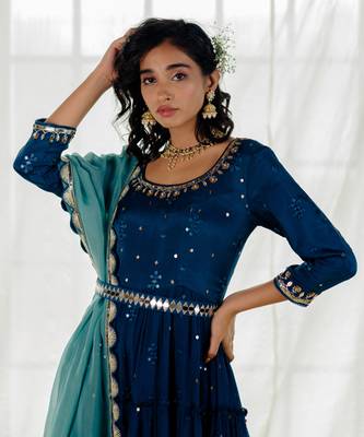 Indigo Chinon Chiffon Mirror Work Tiered Anarkali Set 5
