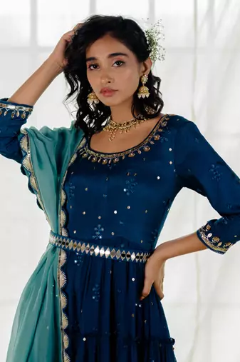 Indigo Chinon Chiffon Mirror Work Tiered Anarkali Set