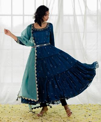 Indigo Chinon Chiffon Mirror Work Tiered Anarkali Set 6