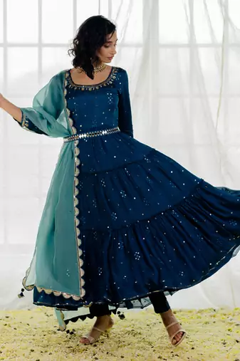 Indigo Chinon Chiffon Mirror Work Tiered Anarkali Set