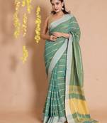 Turquoise Cotton Handwoven Saree With Woven Striped Designs