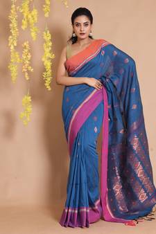 Royal Blue Cotton Handwoven Saree With Zari Ethnic Motifs And Dual Borders