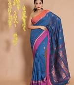 Royal Blue Cotton Handwoven Saree With Zari Ethnic Motifs And Dual Borders