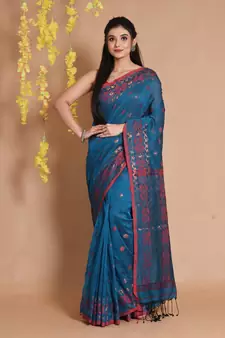 Cobalt Blue Cotton Saree With Woven Jamdani Designs