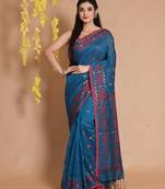 Cobalt Blue Cotton Saree With Woven Jamdani Designs
