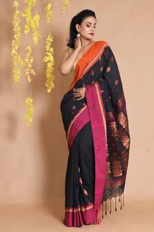 Black Cotton Handwoven Saree With Zari Ethnic Motifs And Dual Borders
