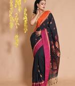 Black Cotton Handwoven Saree With Zari Ethnic Motifs And Dual Borders