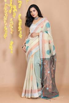 Cream Tissue Handwoven Saree With Dual Borders And Floral Zari Pallu