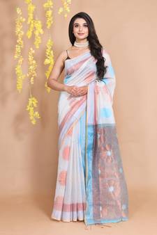 Off White Tissue Handwoven Saree With Dual Borders And Floral Zari Pallu