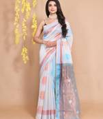 Off White Tissue Handwoven Saree With Dual Borders And Floral Zari Pallu