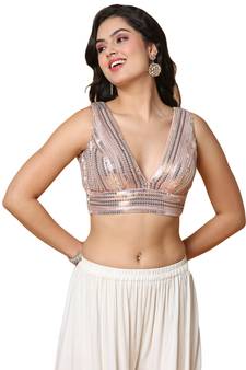 Salwar Studio Women's Peach Net Readymade Saree Blouse