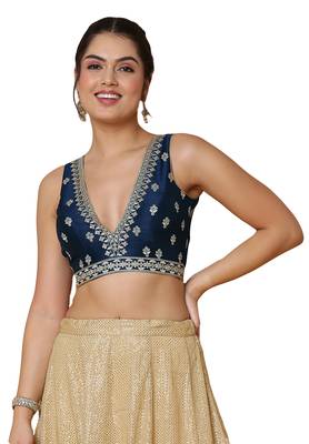 Salwar Studio Women's Navy Blue Mulbury Silk Readymade Saree Blouse 1