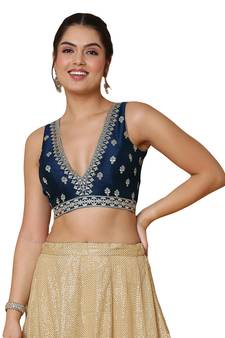 Salwar Studio Women's Navy Blue Mulbury Silk Readymade Saree Blouse